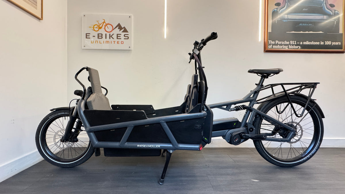 Riese and Muller Load 75 Cargo Bike Electric Bike Dual Battery 1000Wh Sidewalls Enviolo Belt Drive 3 Child seats