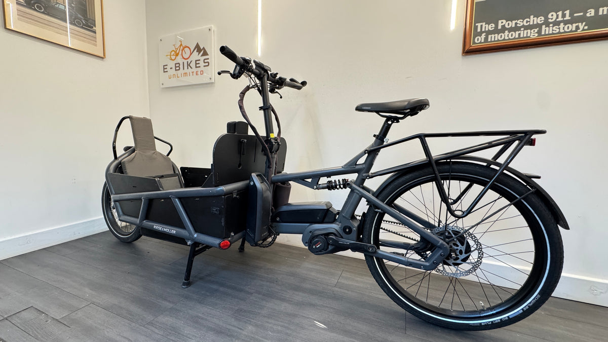 Riese and Muller Load 75 Cargo Bike Electric Bike Dual Battery 1000Wh Sidewalls Enviolo Belt Drive 3 Child seats
