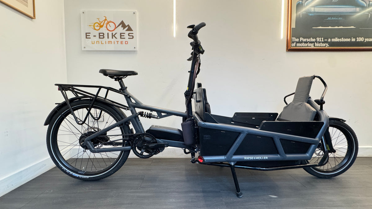 Riese and Muller Load 75 Cargo Bike Electric Bike Dual Battery 1000Wh Sidewalls Enviolo Belt Drive 3 Child seats