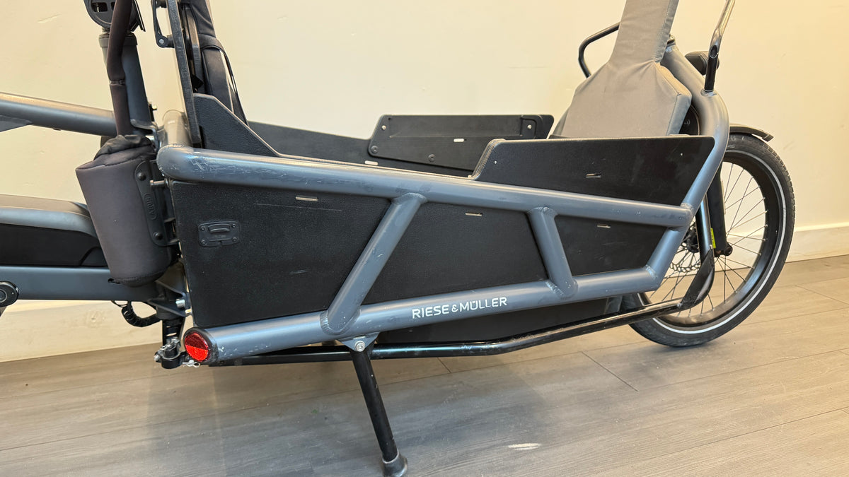 Riese and Muller Load 75 Cargo Bike Electric Bike Dual Battery 1000Wh Sidewalls Enviolo Belt Drive 3 Child seats