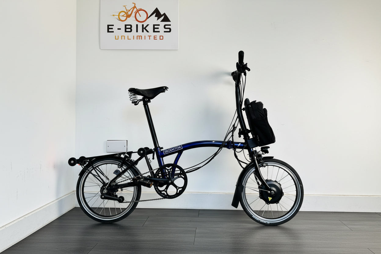 Brompton C-Line Electric Bike 6 Speed Bolt Blue Lacquer Pannier bag Brooks saddle