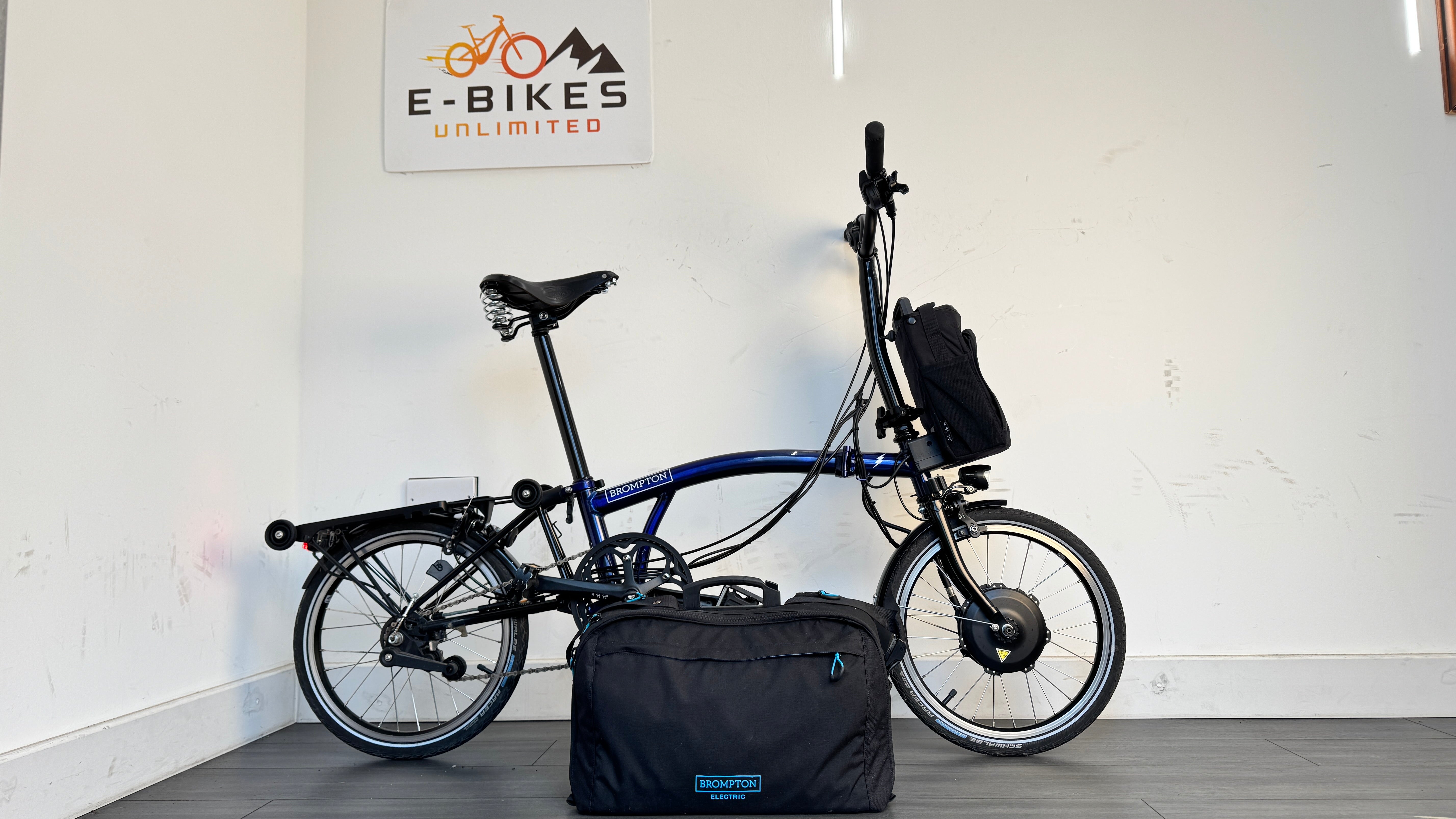 Brompton C-Line Electric Bike 6 Speed Bolt Blue Lacquer Pannier bag Brooks saddle