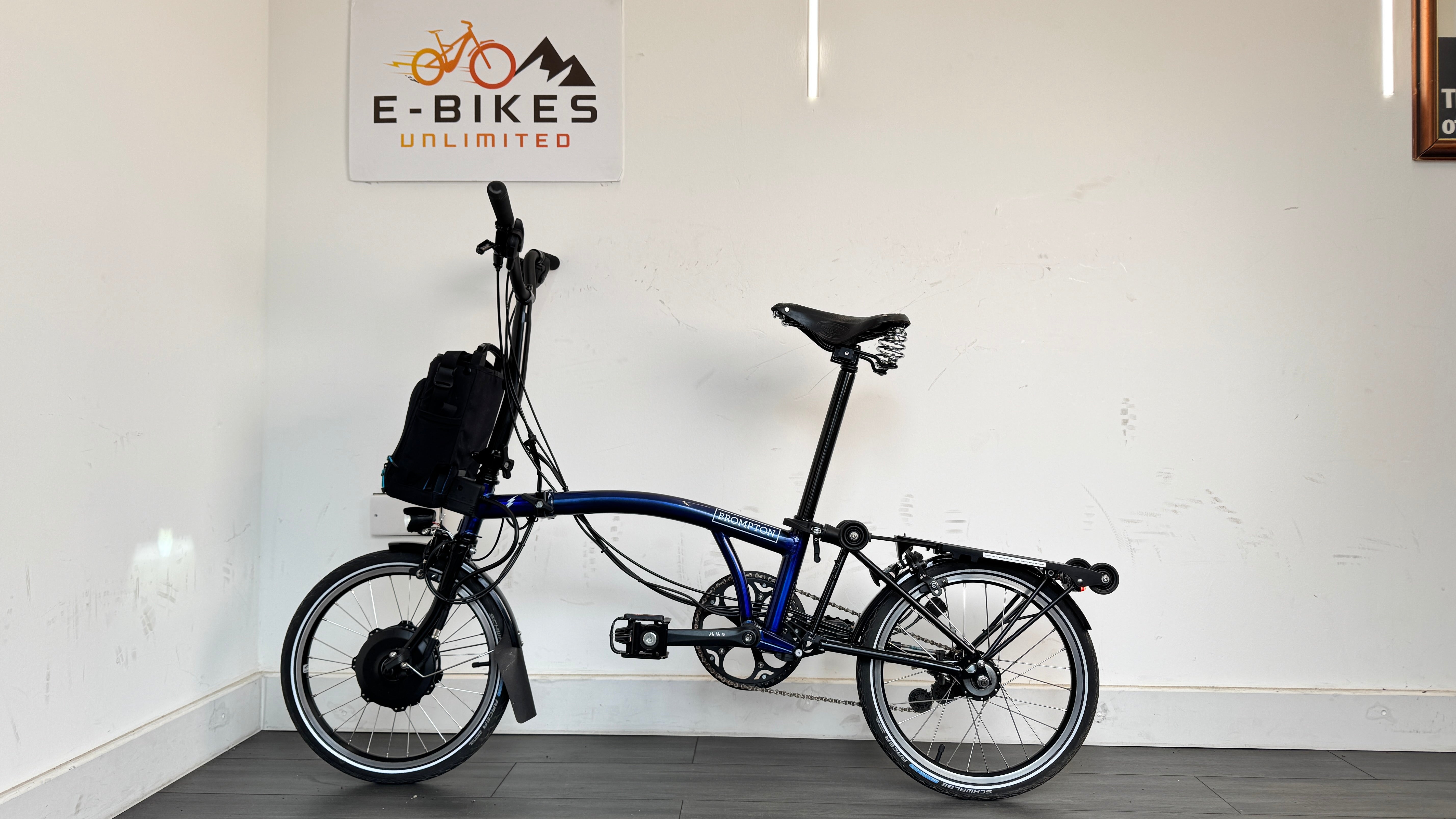 Brompton C-Line Electric Bike 6 Speed Bolt Blue Lacquer Pannier bag Brooks saddle