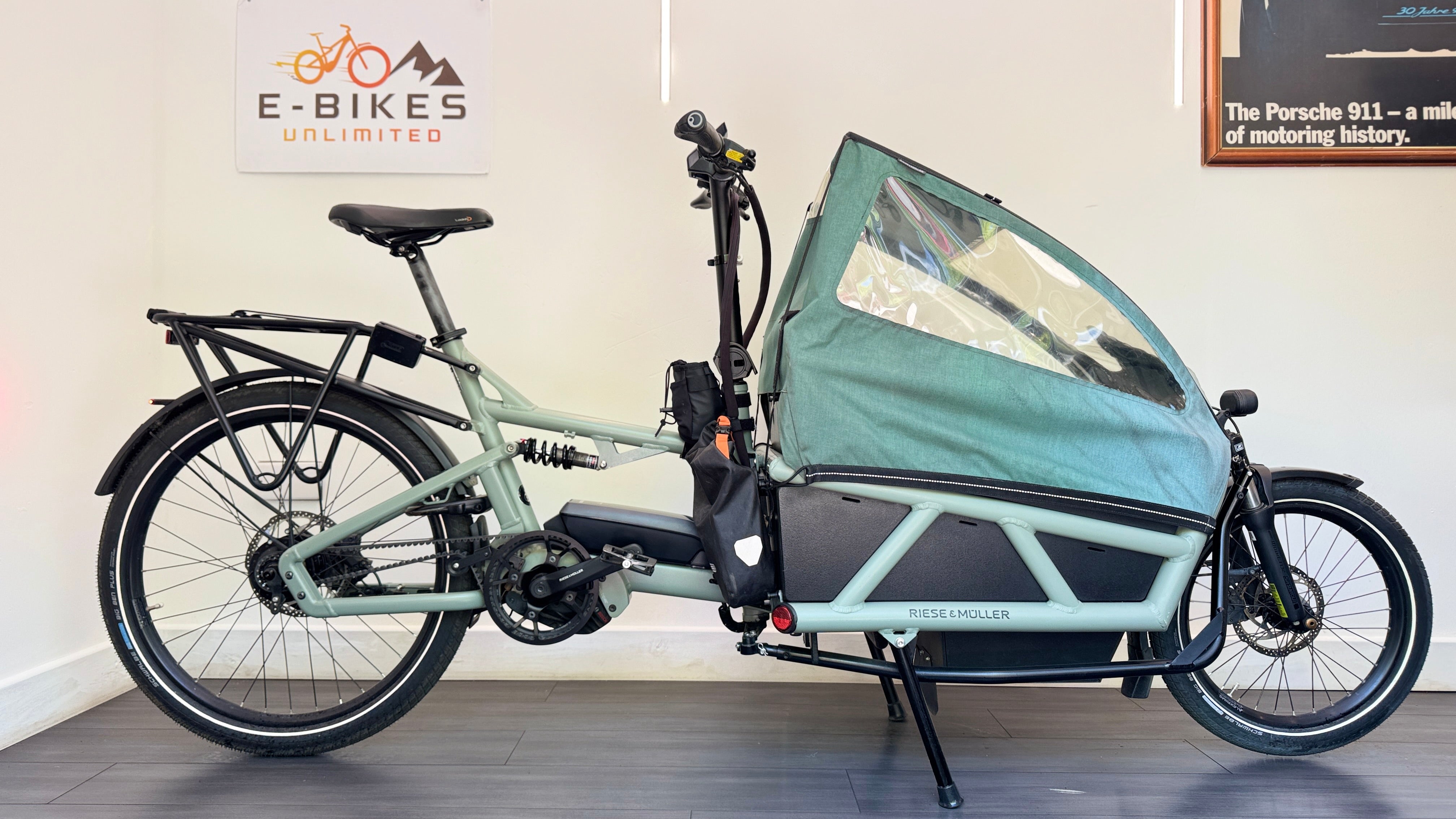 Riese & Müller Load 60 Electric Cargo Bike Rohloff belt drive Bosch Nyon Two child seats high sidewalls